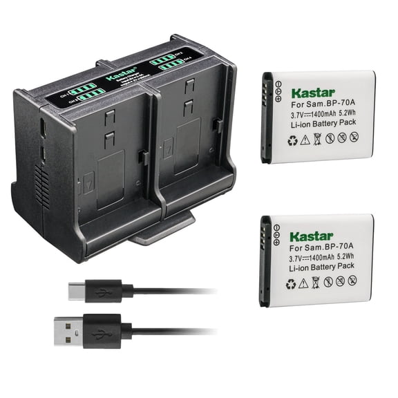 Kastar 2-Pack BP-70A Battery and Quadruple Charger Compatible with Samsung ST66, ST67, ST68, ST70, ST700, ST71, ST72, ST73, ST75, ST76, ST77, ST78, ST79, ST80, ST88, ST89, ST90, ST91, ST93 Camera
