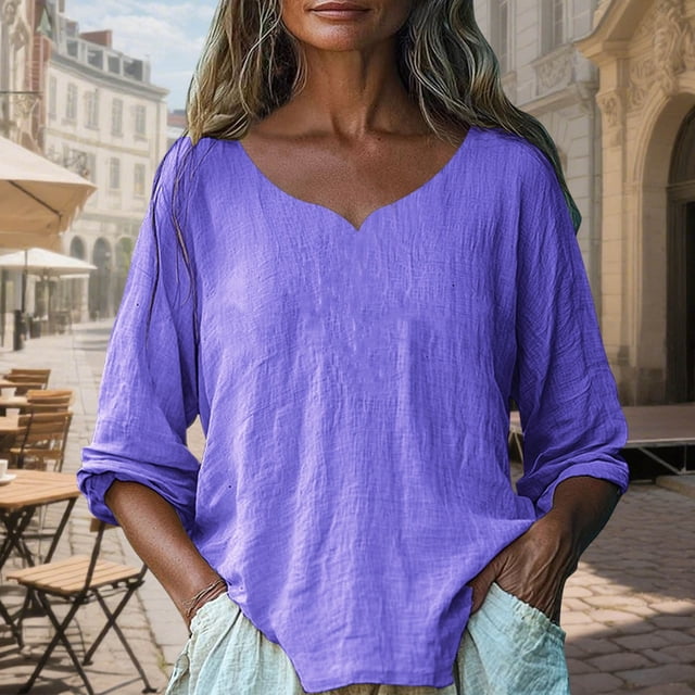 Ailaofu Tops for Women Cotton and Linen Brief Breathable Comfy Solid Color Short Long Sleeve Loose Casual T Shirt Blouse