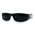 thumbnail image 4 of Mens Flaming Skull 90s Narrow Rectangle Thick Temple Gangster Sunglasses All Black, 4 of 8