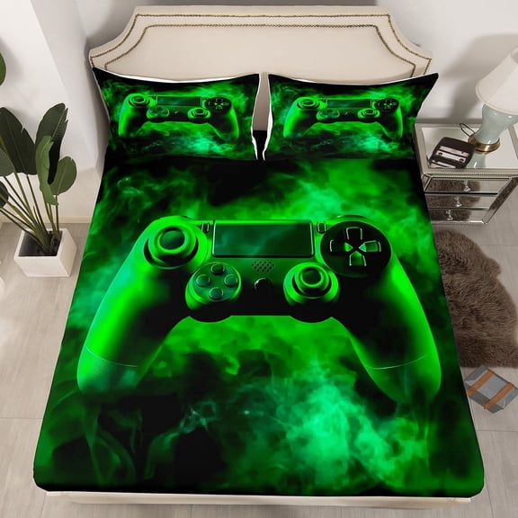 Erosebridal Cool Green Gamepad Fitted Sheet Set Twin, Game Theme Bedding Twin Size, Teenage Gamer Bedroom Decor 2-Piece (No Top Sheet)