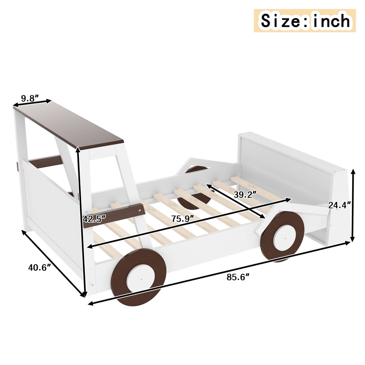 Luckynote Twin Car Bed, Platform Design with Storage Shelves, Themed Race Car Shape for Themed Rooms, Brown & White