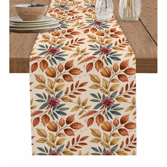 Brown Leaves Fall Table Runner 108 Inches, Farmhouse Vintage Botanical Leaf Bed Runner Dresser Scarves Tabletop for Indoor Outdoor Parties/Ceremony/Banquet, 13"x 108"