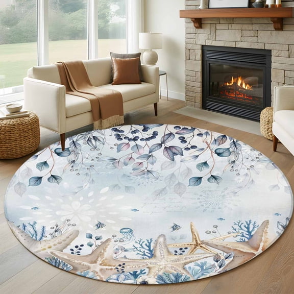 Round Area Rug 7 Ft, Blue Beige Coastal Washable Non-Slip Circle Carpet for Living Room/Bedroom, Beach Starfish Summer Eucalyptus Ombre Low-Profile Large Runner Mat Collection Rugs for Indoor