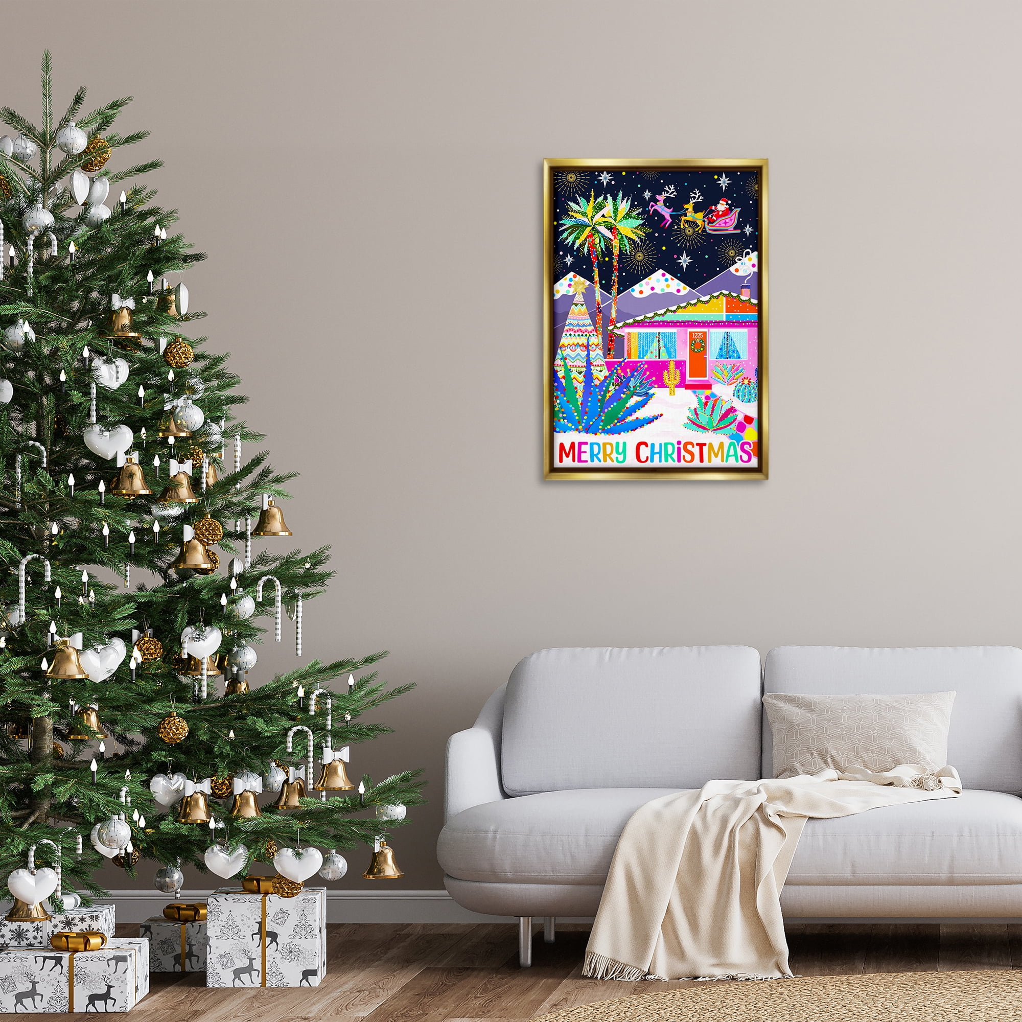 Stupell Industries Whimsical Desert Christmas Holiday Painting Gold Floater Framed Canvas Art Prints Wall Art, 21 x 31