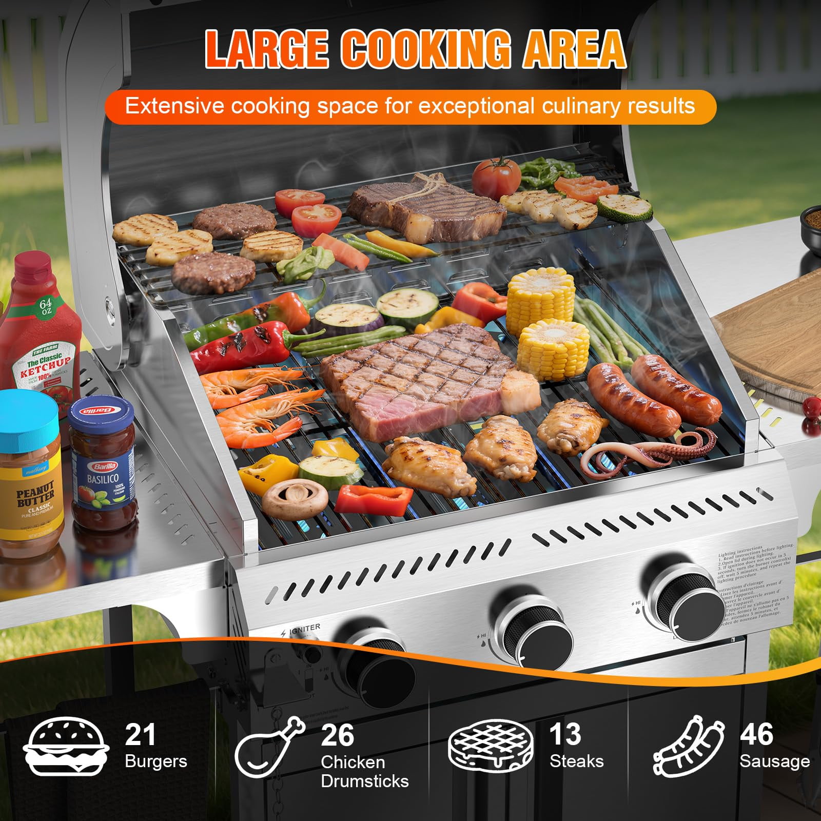 LHRIVER 3 Burner Propane Gas Grill with Side Table, 24000 BTU BBQ Grill for BBQ, Outdoor Cooking