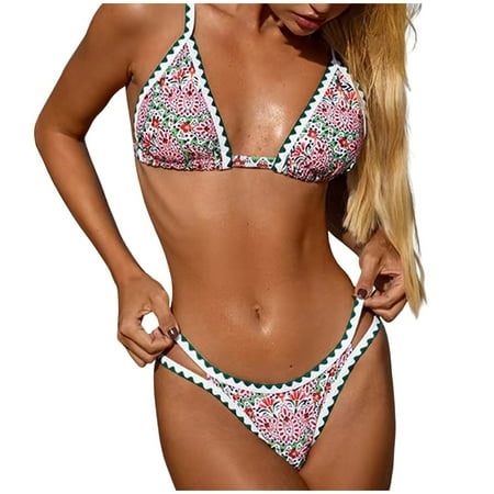 GEWSEY Womens Swimsuits Sexy Thong Micro Bikini Ditsy Floral Two Piece Sets Bathing Suit Color Block Bandeau Swim Top Red  M