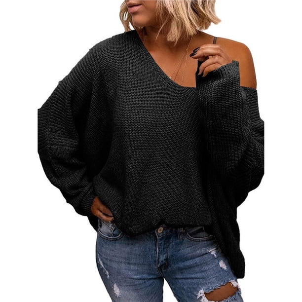 Suéter Holgado de Punto de Larga con Cuello en V para Mujer Negro XL