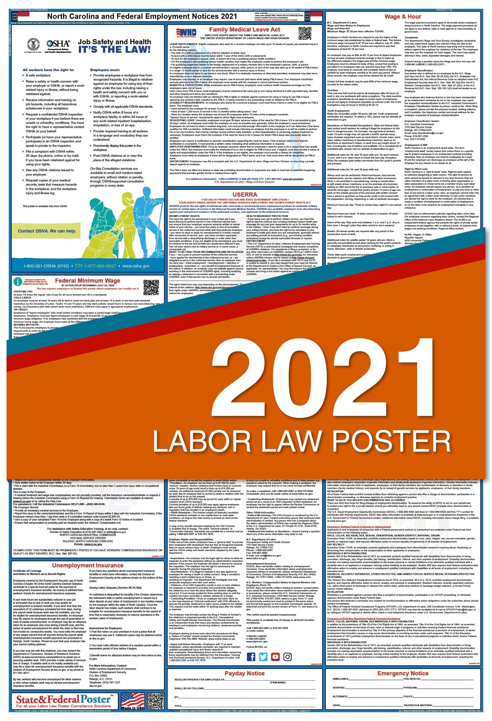 2021 North Carolina State and Federal Labor Law Poster (Laminated