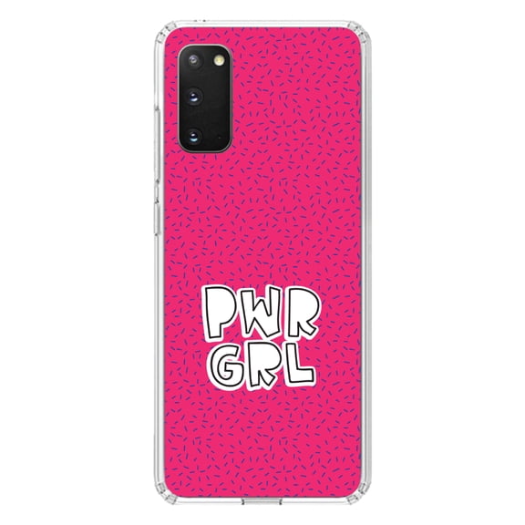 DistinctInk Clear Shockproof Hybrid Case for Galaxy S20 / S20 5G (6.2" Screen) - TPU Bumper, Acrylic Back, Tempered Glass Screen Protector - Girl Power - PWR GRL - Pink Background
