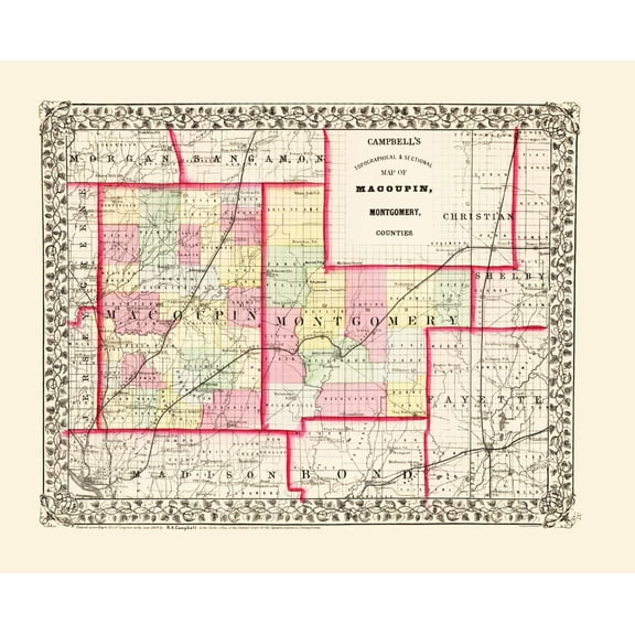 Historic County Map - Montgomery Macoupin Counties Illinois - Campbell 1870 - 23 x 28.47 - Vintage Wall Art