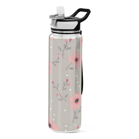 

32oz Transparent Sports Water Bottle with Straw BPA Free Tritan for Kids Adults Outdoor School Gym Fitness Pink Flowers Seamless Pattern