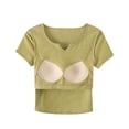 thumbnail image 5 of Nestiefly Womens Short Sleeve Shirts with Built in Bra V Neck Basic Tee Tops Summer Athletic Workout Yoga Padded Shirts Yellow XL, 5 of 7
