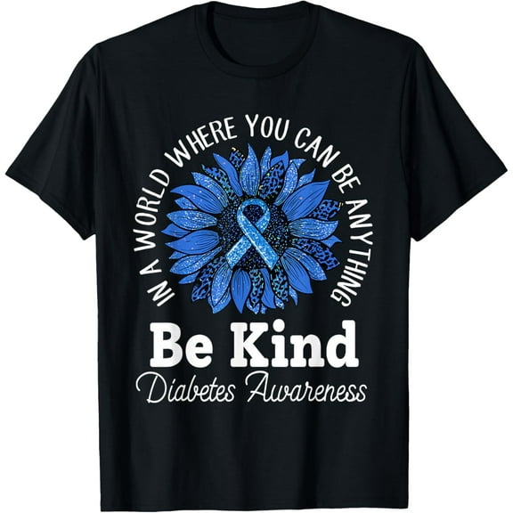 Be Kind Diabetes Awareness Sunflower Blue Ribbon T1D Type 1 T-ShirtMen and women, Black T-shirt, size: Extra large S-4XL