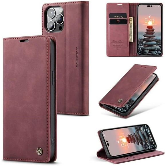 CaseMe for iPhone 15 Wallet Case Soft PU Leather Flip Case Magnetic Stand Flip Protective Cover Leather Case with ID & Credit Card Slots Holder Case-Wine Red