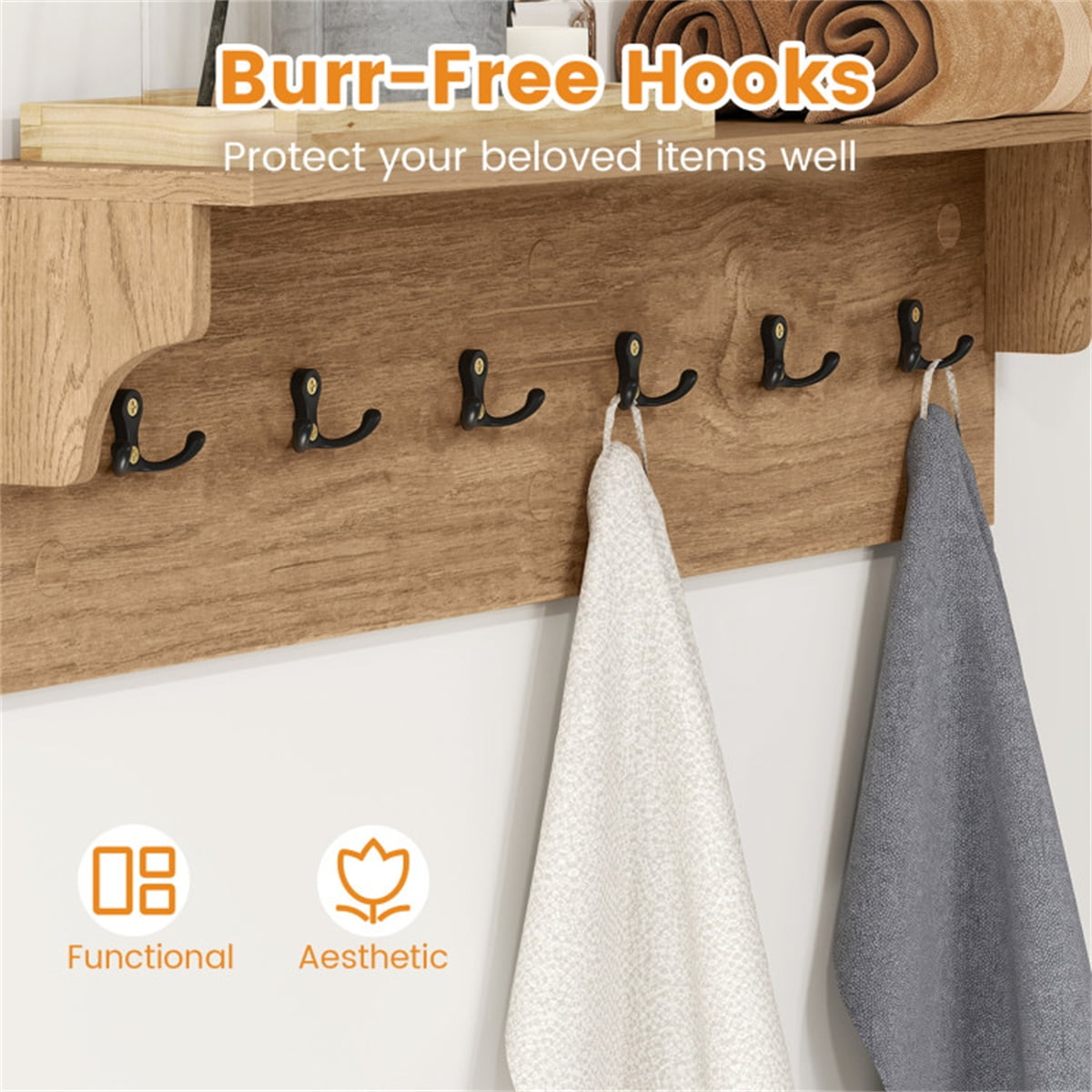 Natural Wood Wall Mount Coat Rack with Shelf 6 Hooks Entryway Organizer Floating Shelf for Keys Hats Bags Towels 110 lb Capacity Mudroom Bathroom Bedroom Storage Space Saving 31.5In Rustic Home Decor
