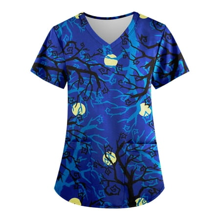 

Knosfe Plus Size Scrubs V Neck Medical Halloween Short Sleeve Printed Scrub Tops Women Workwear Pumpkin Ghost Bat Nurse Tops for Women Sexy Casual with Two Pockets Blue 4XL