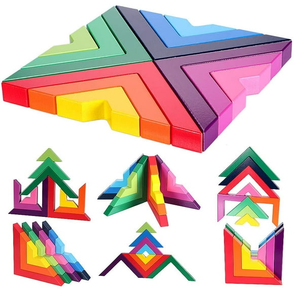 Wooden Rainbow Stacking Game Stacker Geometry Building Blocks Creative Nesting Educational Toys Kids Toddlers (Rainbow Stacking Game)