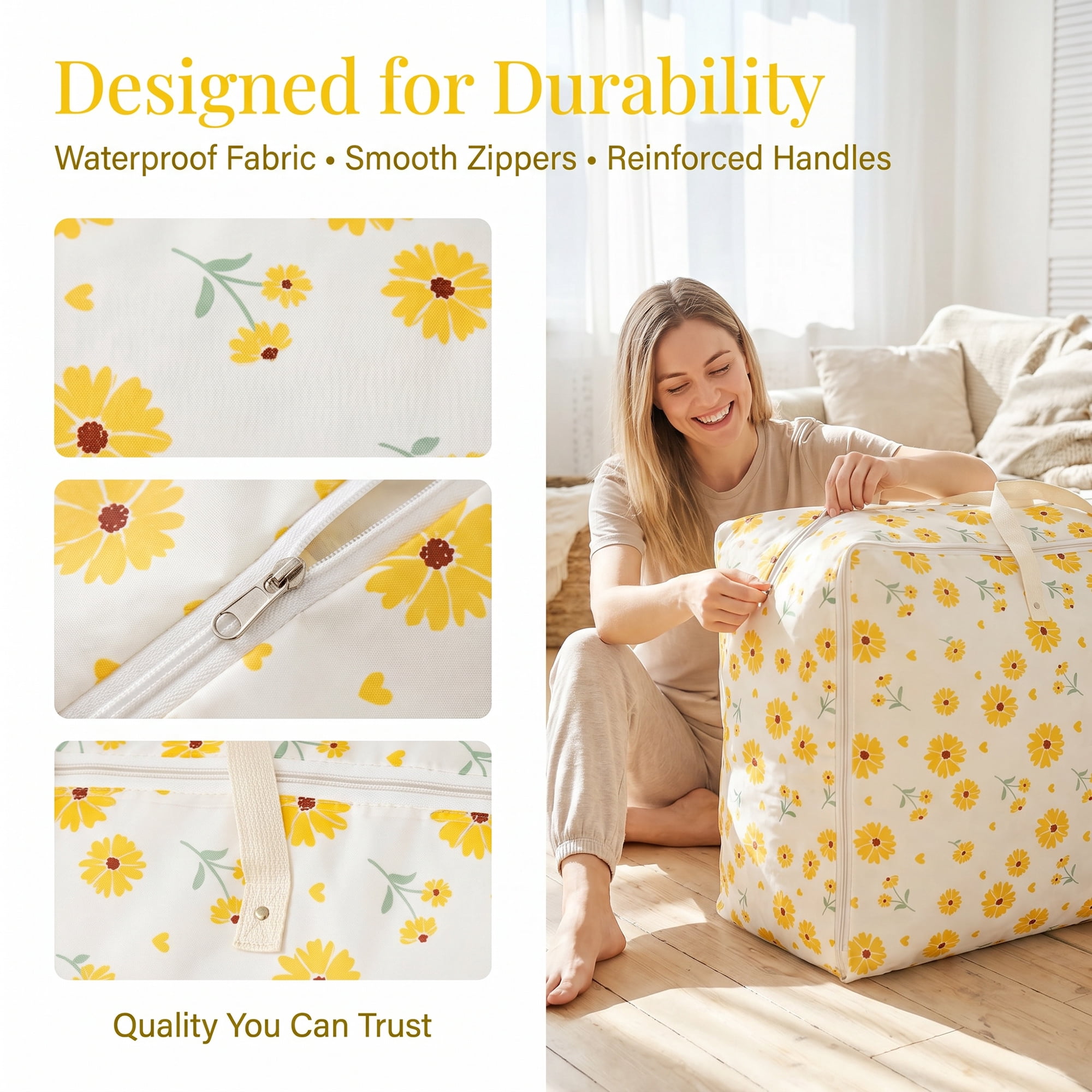 Unique Bargains Dustproof Floral Zipper Large Moving Bag Yellow 28.3" x 12.2" x 20.5"