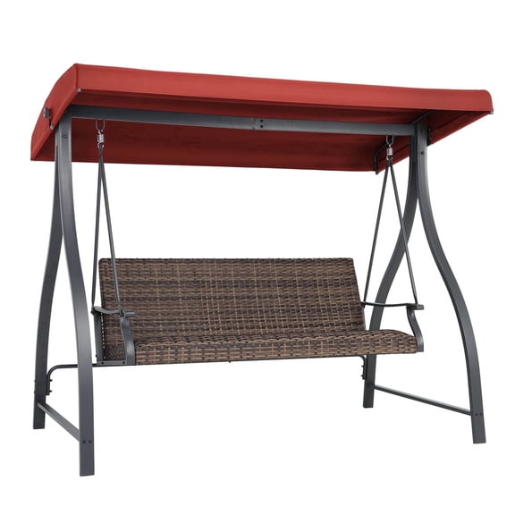 Aoodor 3-Seat Outdoor Rattan Patio Swing with Adjustable Brown Canopy, Quick-Dry Foam & Rust-Resistant Iron Frame