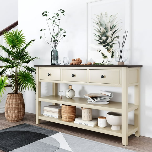 OUDOSPRS Table Console au Design Rétro, Faite avec un Cadre en Bois Massif de Pin, Comprend Deux Étagères Ouvertes, Idéale pour le Salon (Espresso+Beige)