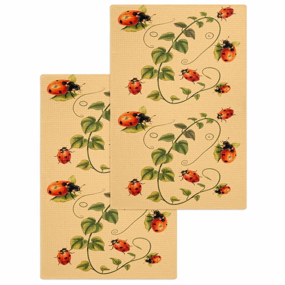 Ladybugs Eucalyptus Kitchen Dish Towels for Drying Dishes Set of 2, Spring Botanical Leaves Yellow Waffle Weave Microfiber Hand Tea Bathroom Towels Quick Dry & Absorbent Towel 15.7x23.6