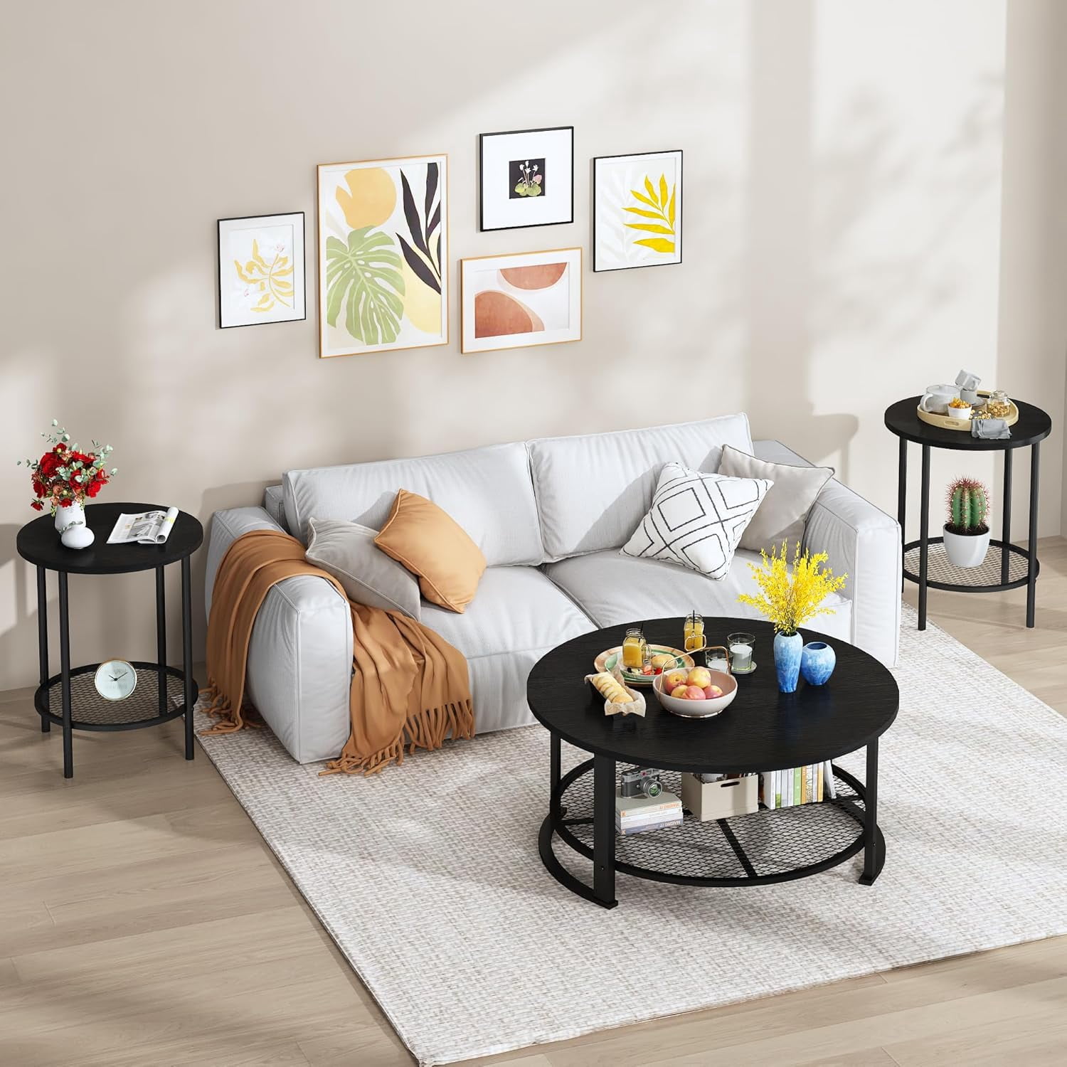 MIERES Round Coffee Table Set of 3, 2-Tier Metal Mesh Storage Shelf Living Room Set with 1 Large Center Table & 2 Small End Tables, Space-Saving Wooden Tea Table for Home Office Apartment, Black