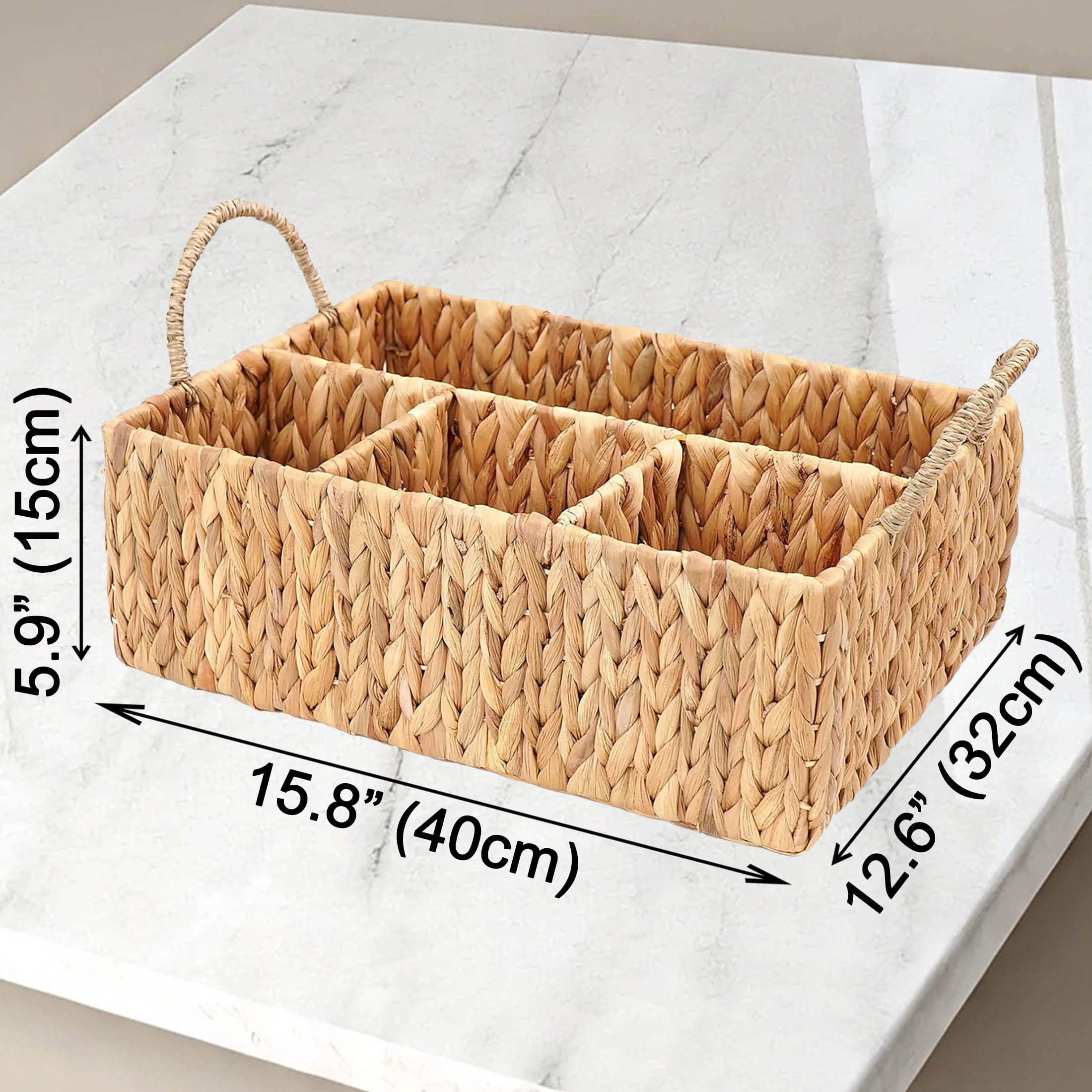 Laquedecraft Wicker 4 Section Rectangular Divided Storage Basket  for Organizing Bathroom Kitchen Shelves