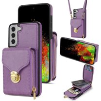 Feishell Crossbody Wallet Case for Samsung Galaxy S22,with Detachable Shoulder Strap,Premium PU Leather Metal Snap Zipper Pocket Credit Card Holder Kickstand Phone Case for Women Men,Purple