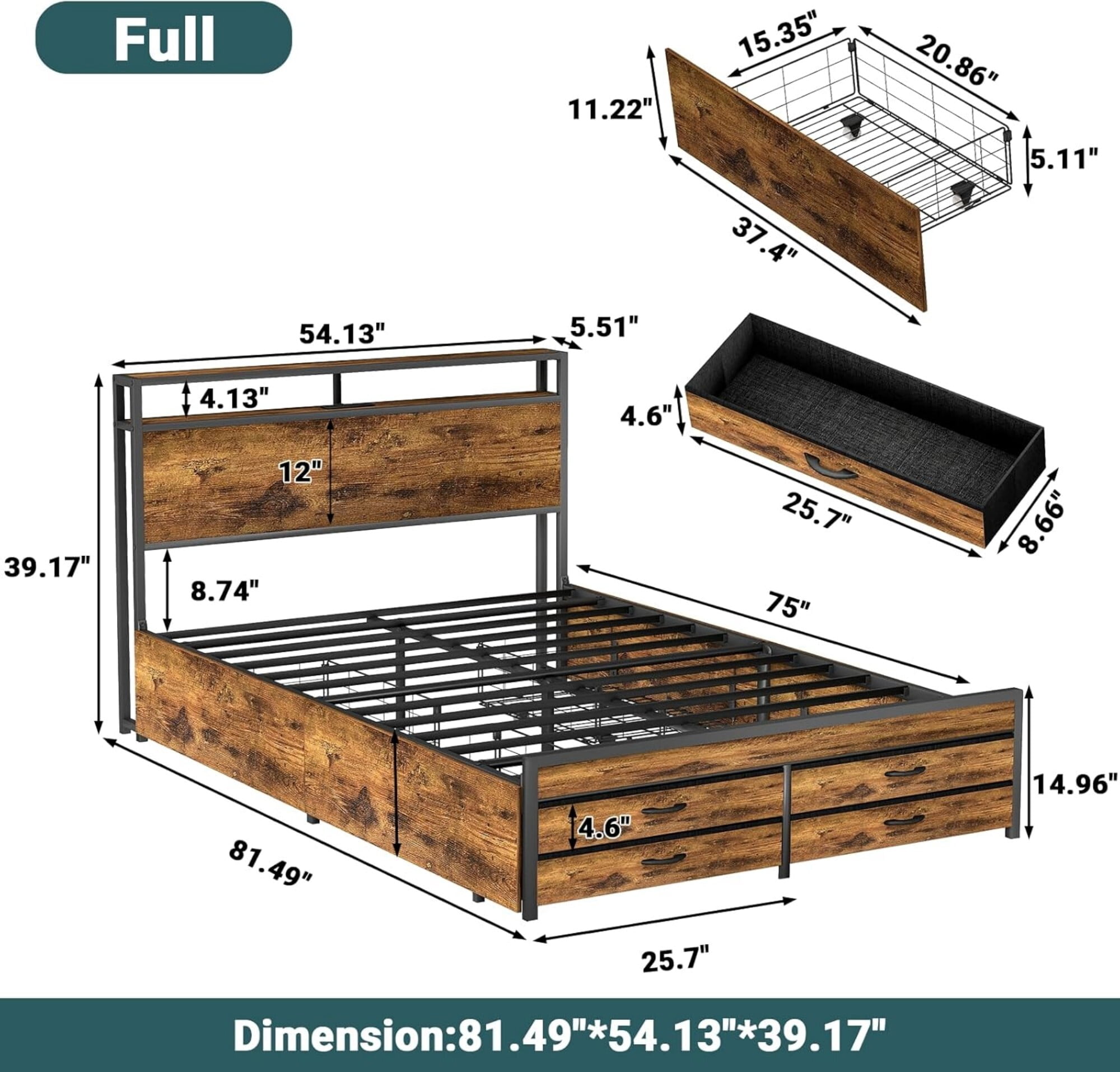 AENKYO Full Size Bed Frame with 8 Storage Drawers, Headboard with Charging Station and LED Lights, Rustic Brown