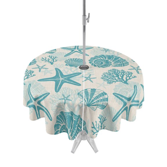 Outdoor Tablecloth with Umbrella Hole for Patio/Picnic/Party/Camping, Turquoise Coastal Summer Waterproof Table Cloth Round Cover Washable, Coral Shell Starfish Vintage (Dia 60")