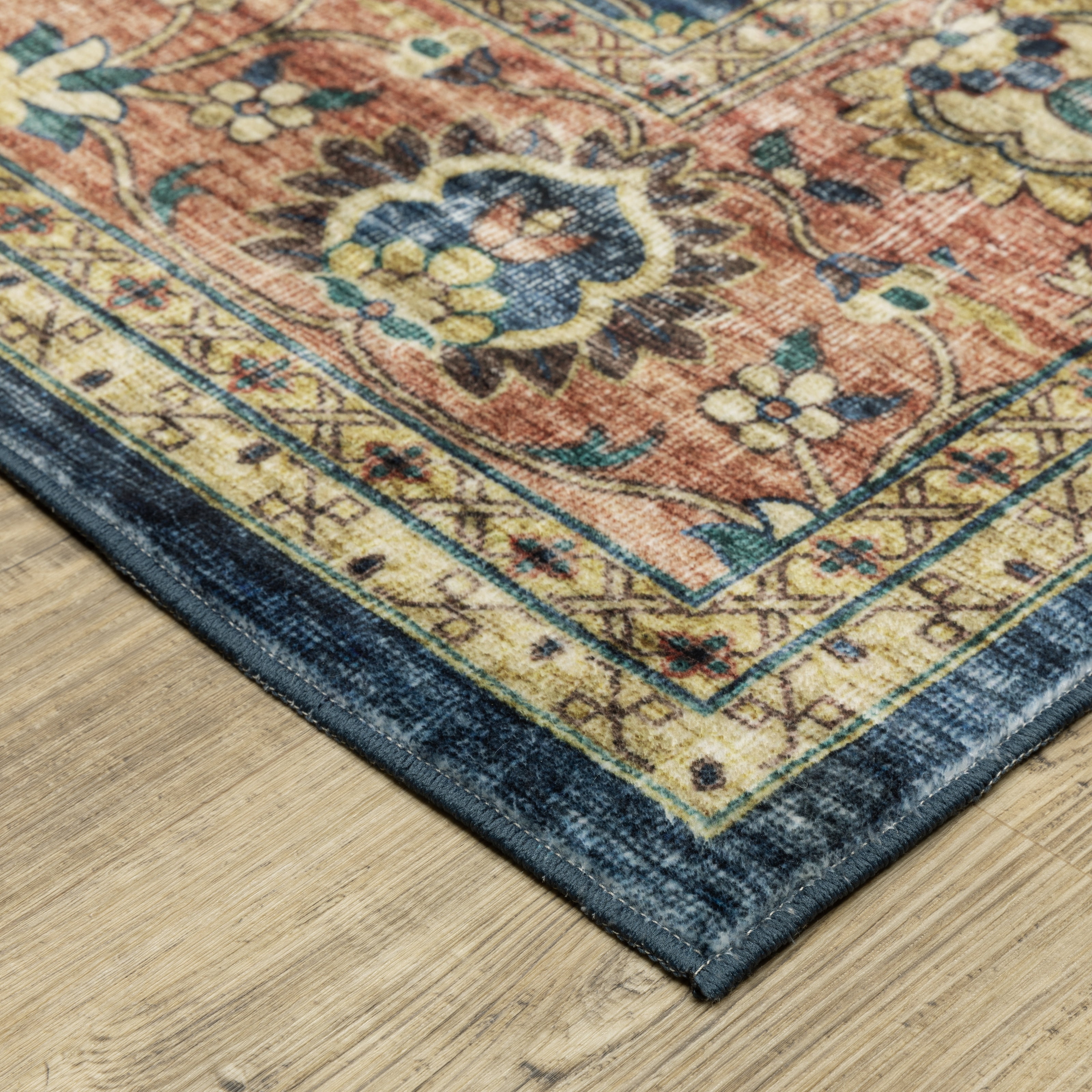 Avalon Home Sebastian Vintage Bordered Blue/ Rust Washable Indoor Area Rug