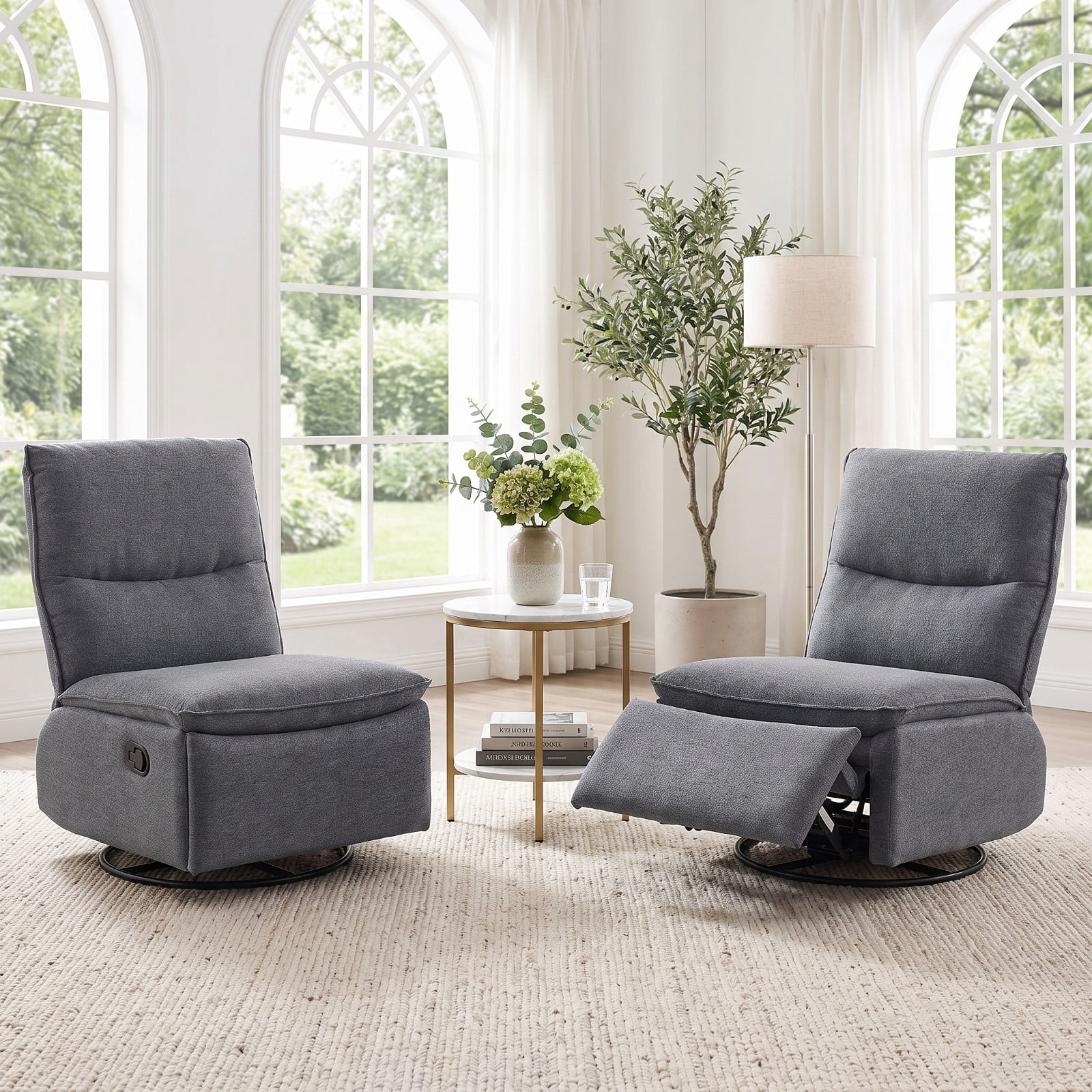 Furnibear 360 Degree Swivel Rocking Recliner Accent Chair with Padded Back Extendable Footrest and Polyester Linen for Living Room and Nursery, Gray