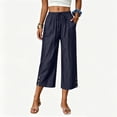 thumbnail image 6 of Capris for Women with Pockets Petite Pants Drawstring Casual Pull on Palazzo Trousers with Pockets Loose High Waisted Wide Leg Lounge Pants Navy L, 6 of 7