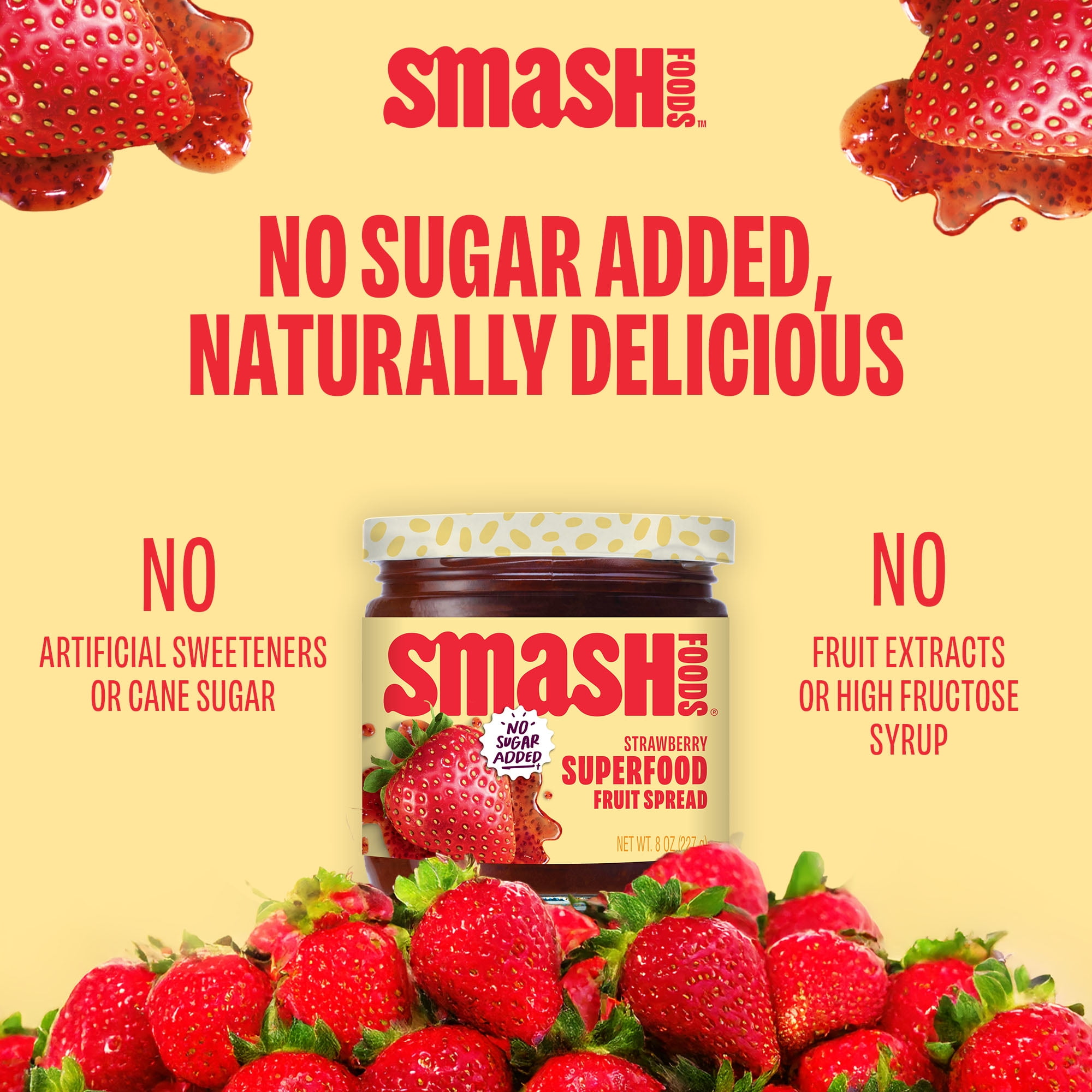 (3 pack) Smash Foods, Strawberry Jam, No Sugar Added, Low-Calorie, Vegan (1 Jar)