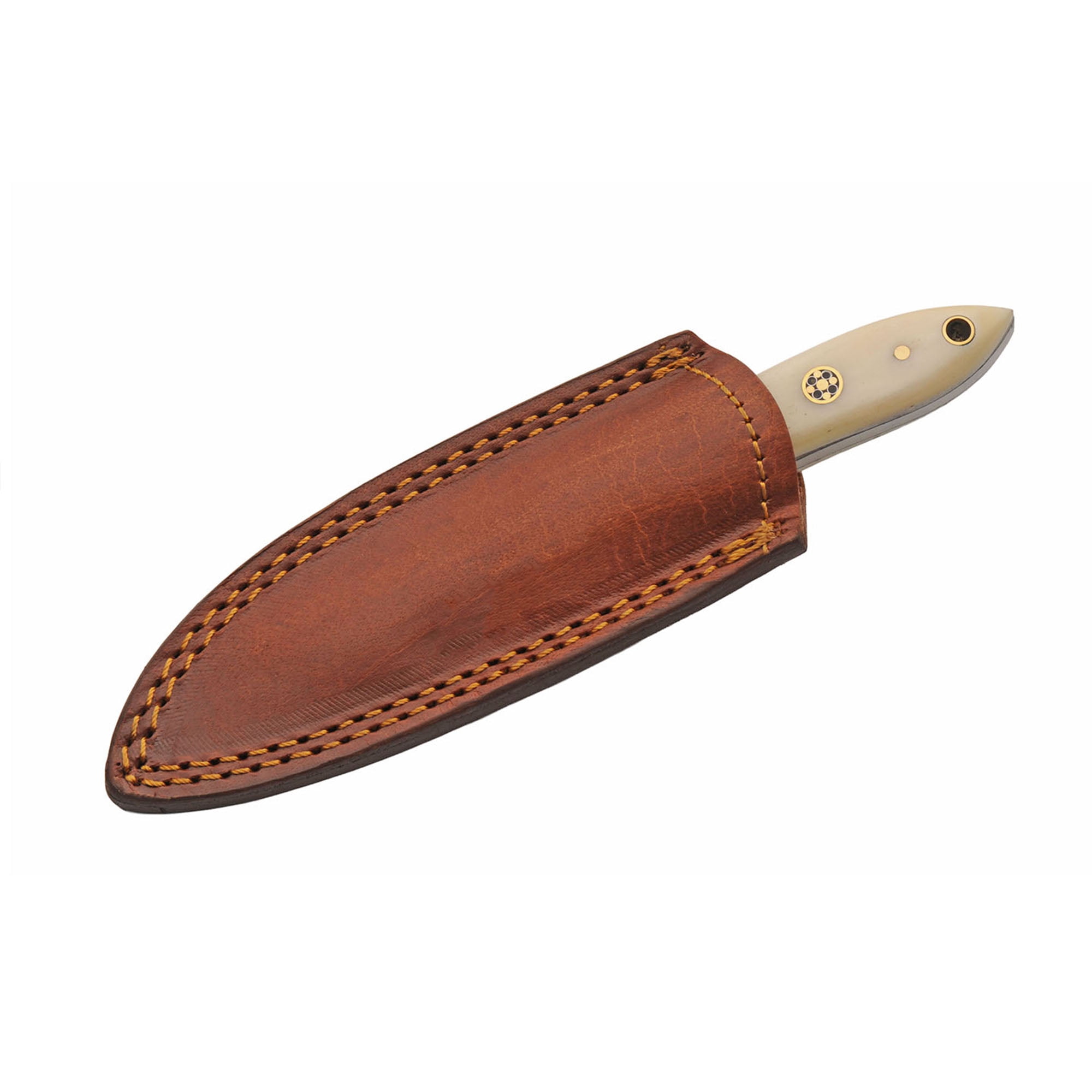 SANZ Tooth Bone 7.25 Inch Decorative Display Utility Knife Damascus Pattern Blade Bone Handle with Leather Sheath
