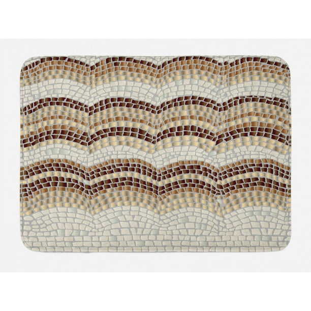 Beige Bath Mat, Gradient Colored Mosaic Waves Setting Antique Roman