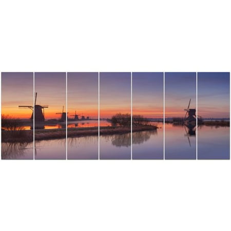 Orange Windmill - Design Art 'Dutch Windmills Panorama' Photographic Print Multi-Piece Image on Canvas