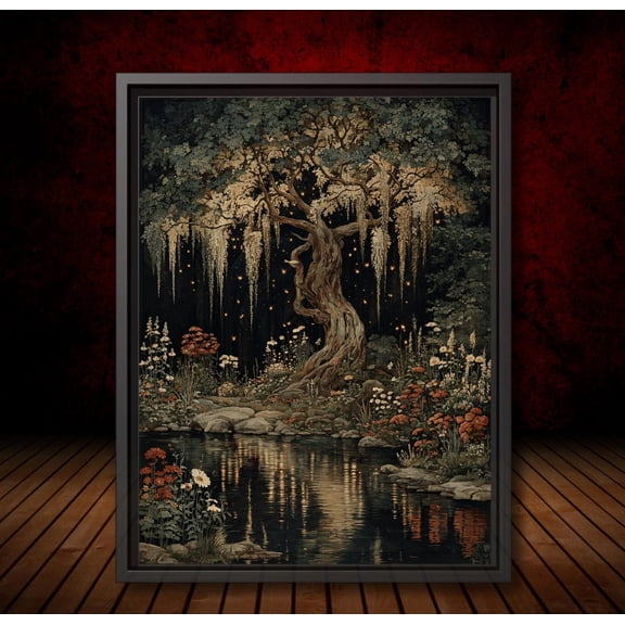 Moonlit Enchanted Forest Poster Dark Academia Tree Art Mystical Wisteria Trees By Moonlit Pond, Woods At Night Room Decor, Unframed Poster Size 8x12