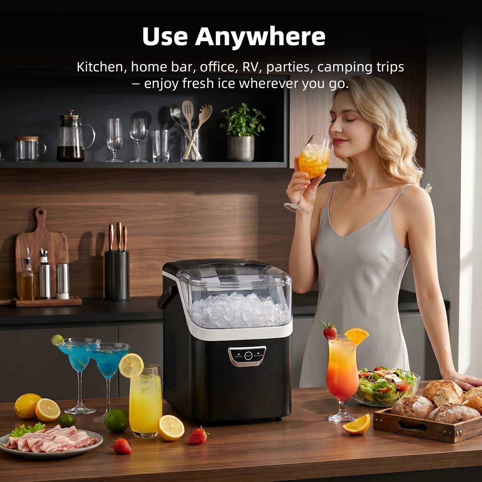 FREE VILLAGE Nugget Ice Maker Countertop,Portable Ice Machine with Carry Handle,Chewing Ice 35 lbs Per Day,Fast Making in 6 Mins,Auto-Cleaning,with Basket and Scoop,for Home,Kitchen,Camping,RV-Black