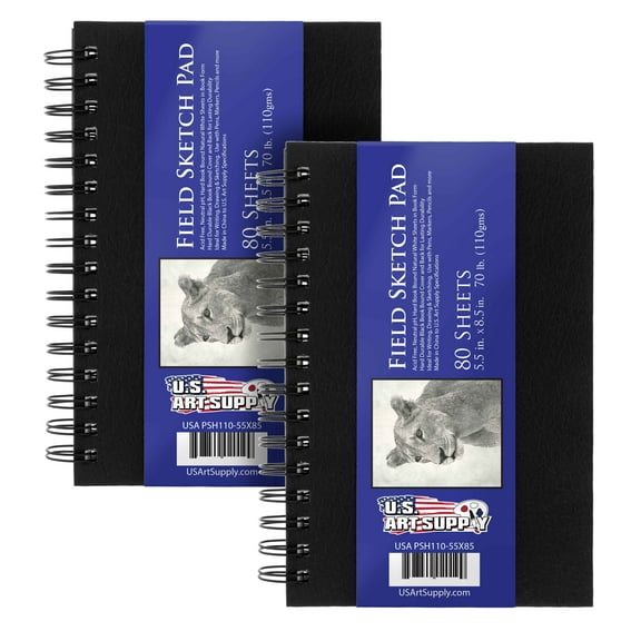 U.S. Art Supply 2 Pack of 5.5" x 8.5" Premium Hardbound Sketch Book, 70 Pound (110gsm), Book of 80-Sheets