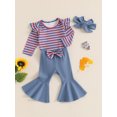 thumbnail image 4 of Jxzom Newborn Baby Girl Fall Winter Clothes 0 3 6 12 18 Months Flying Sleeve Striped Ribbed Romper Bell Bottom Flare Pants Headband Outfits Set, 4 of 8