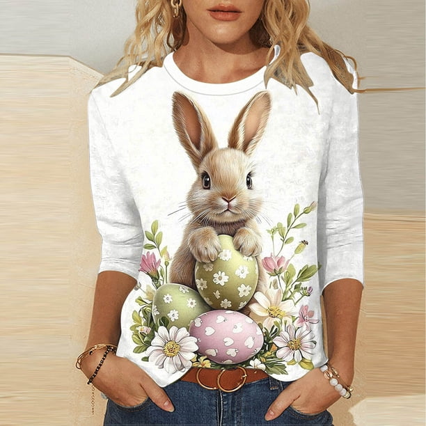 TaTaai Women Casual Loose Pullover Top Easter Print Three Quarter Sleeve Crew Neck Stylish Ladies Spring Outdoor Gathering Wear No Fading Soft Comfortable High-Rated Fashion T-Shirt Gift