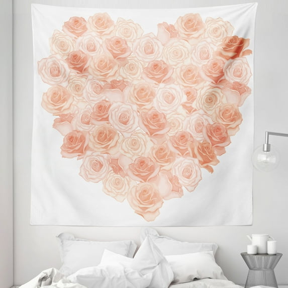 Peach Tapestry, Valentines Day Inspired Heart Shaped Blooming Roses Bouquet with Romantic Design, Fabric Wall Hanging Decor for Bedroom Living Room Dorm, 5 Sizes, Salmon Peach, by Ambesonne