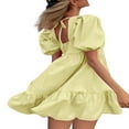 thumbnail image 3 of Women Casual Dress Solid Color Polyester Short Puff Sleeve Square Collar Style Ruffled Hem Mini Dresses Yellow M, 3 of 5