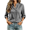 thumbnail image 2 of Bzdzmqm Women V Neck Long Sleeve Plaid Button Down Shirts Fall Winter Casual Loose Pullover Tops Business Work Office Wear Trendy Blouse, Black L, 2 of 7