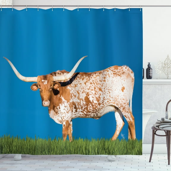 Ambesonne Longhorn Shower Curtain, Female Cow and Open Sky, 69"Wx70"L, Sea Blue Fern Green
