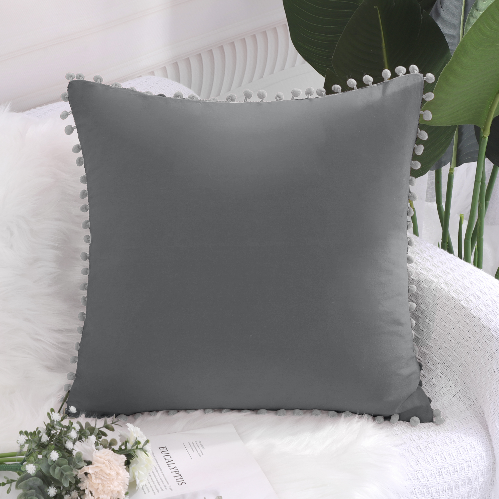 PiccoCasa Contemporary Polyester Fabric Square Cushion Covers with Pom