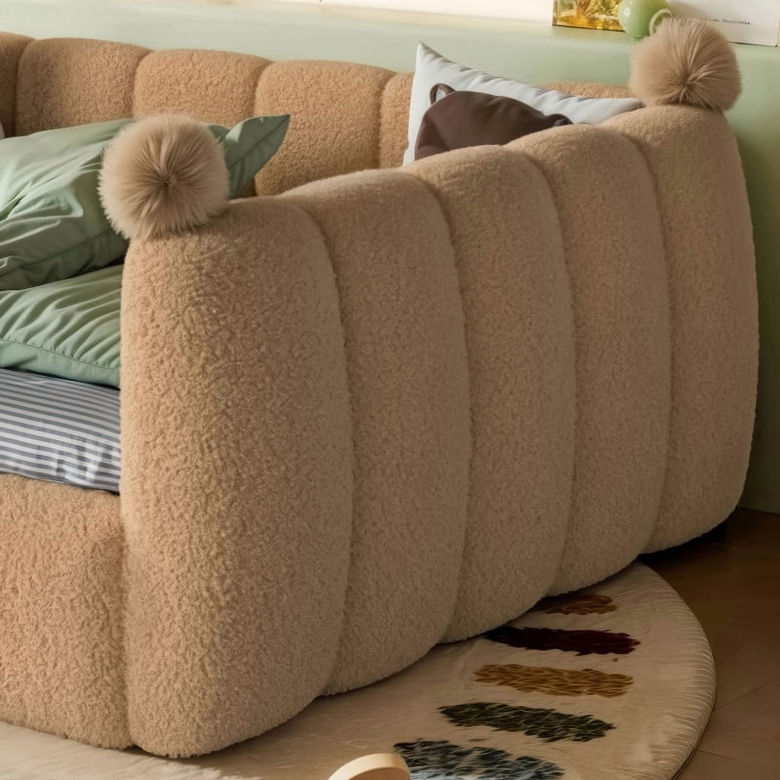 Howcool Montessori Upholstered Floor Bed,Full Size Low Toddler Bed with Full Surround Safety Rails, Natural