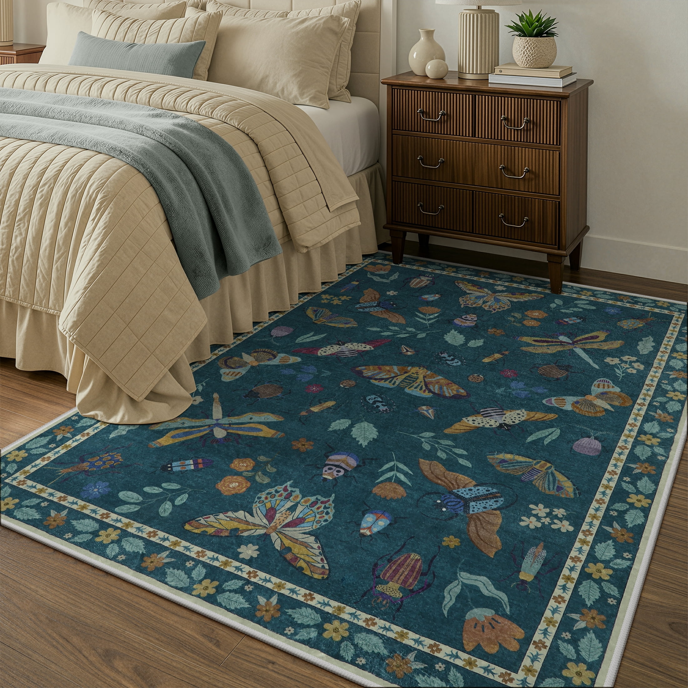 Moynesa Insect 5'x7' Area Rugs Washable Rug for Living Room Soft Natural Bedroom Rug Bug Accent Carpet for Dining Room Nursery Office Stain Resistant Non Slip, Green