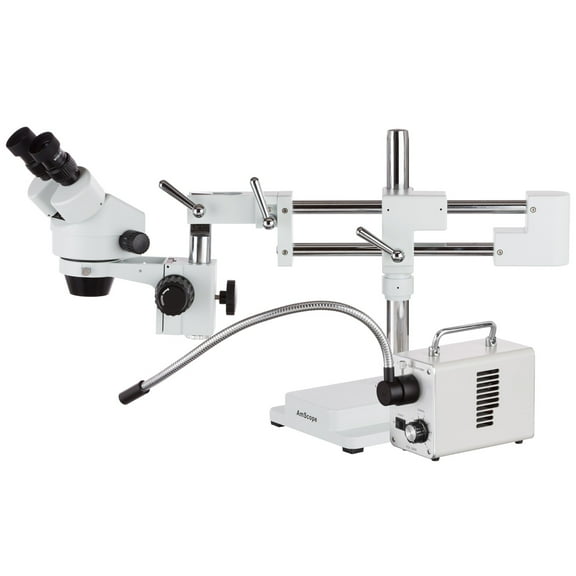 AmScope 7X-45X Zoom Stereo Microscope on Dual-Arm Boom Stand with LED Fiber Optic Light New